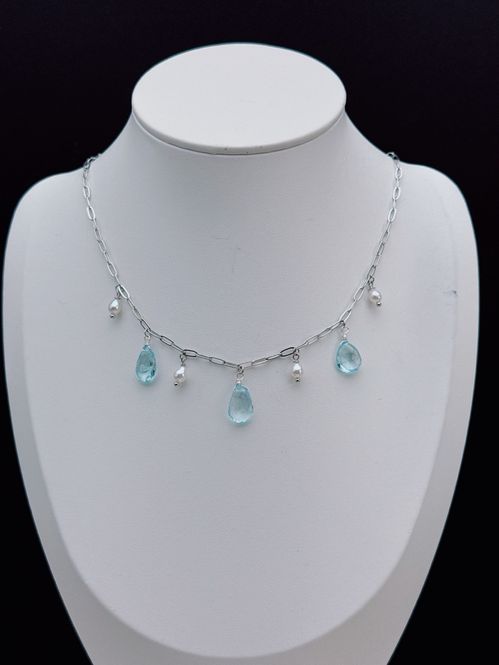 26X560 Handmade Blue Topaz Freshwater Pearl Stainless Steel Necklace 16+2”